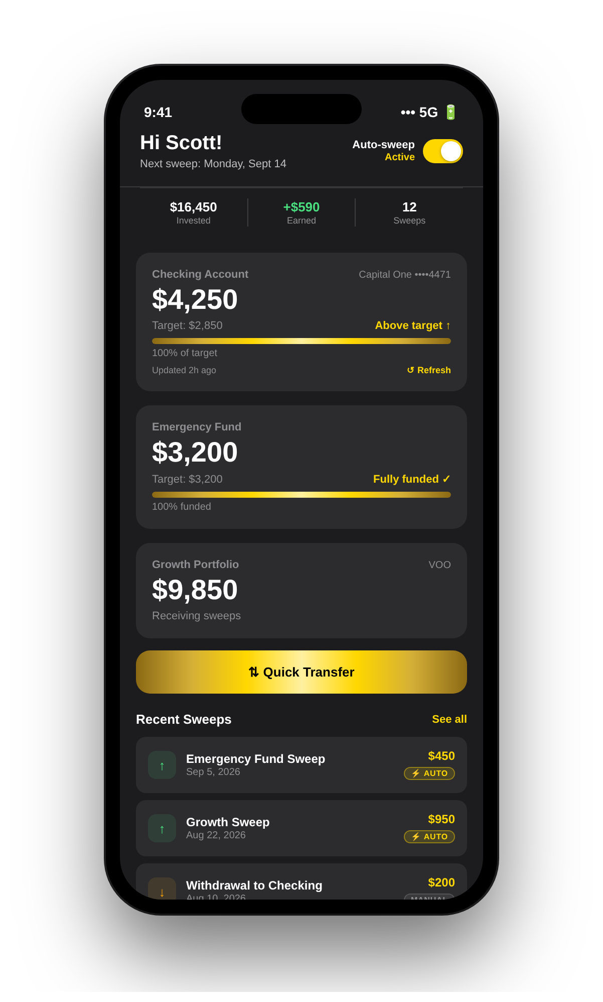 SweepIQ dashboard showing checking balance, target, and recent sweeps