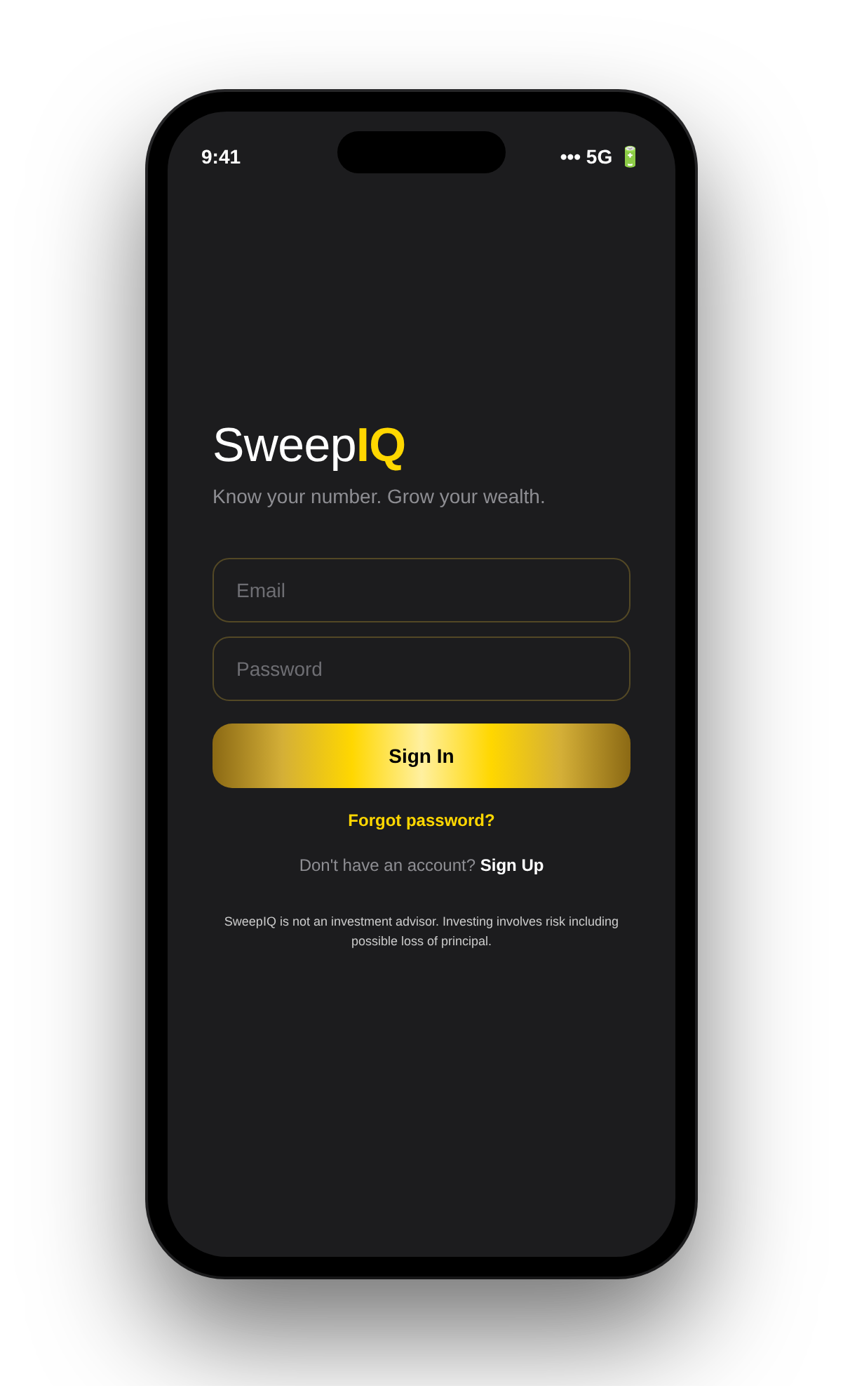 SweepIQ sign in screen